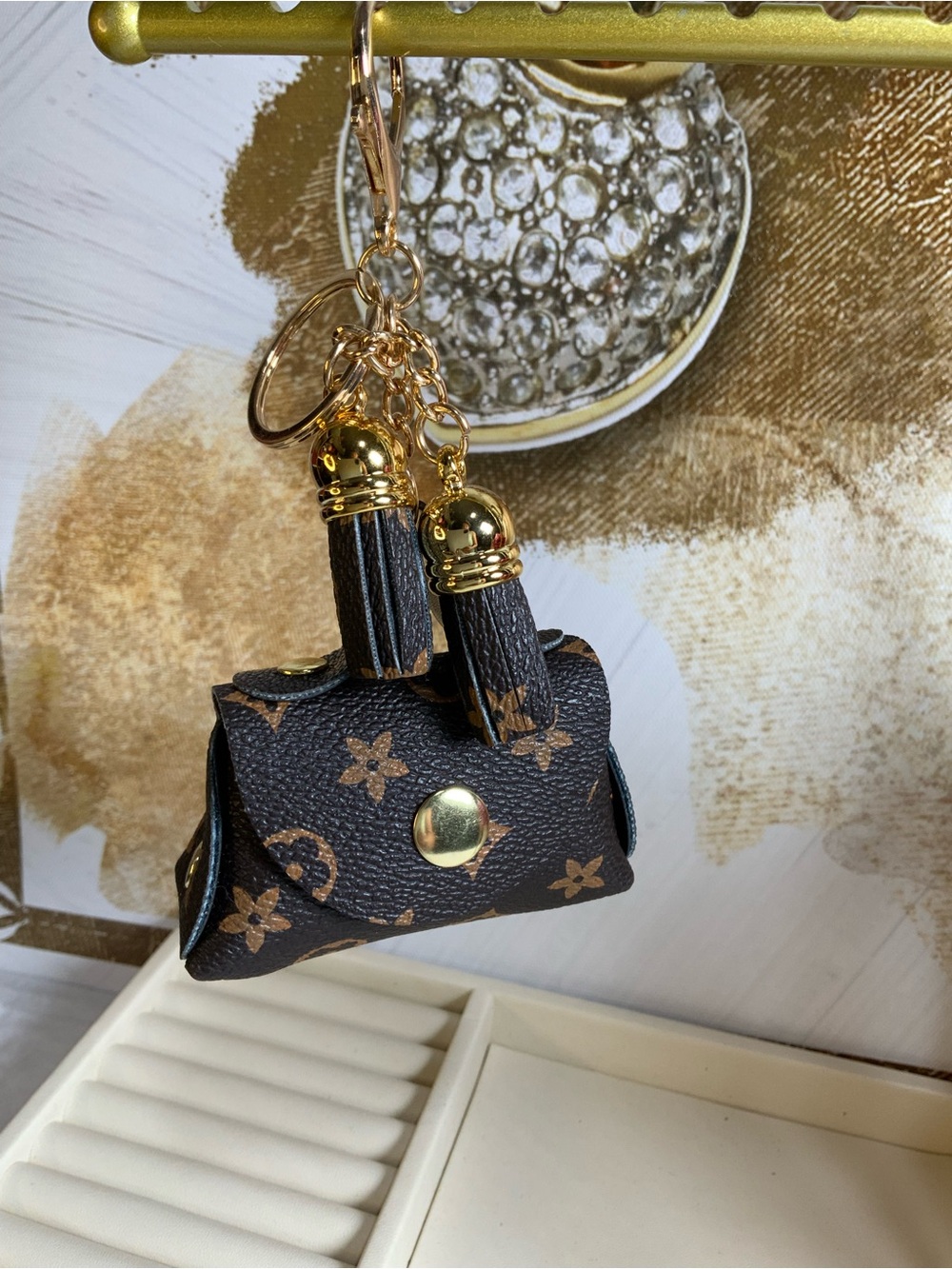 Monogram Mini Bag Keychain with Tassels - Brown & Gold